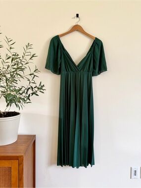 ASOS Deep Green V-Neck Pleated Midi Dress